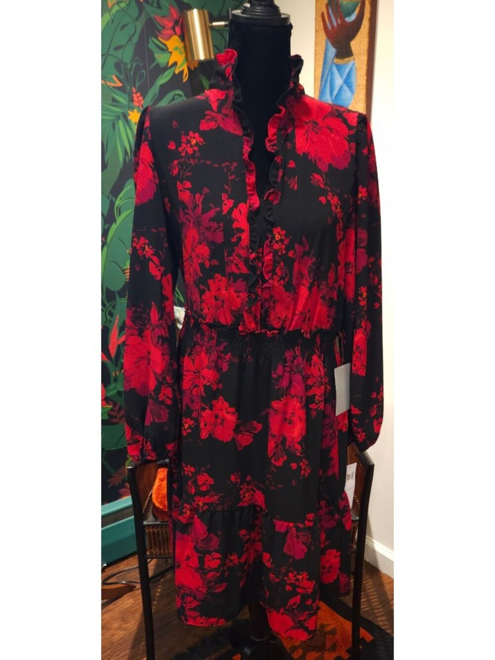 NEW London Times Black & Red Floral Long-Sleeve Ruffle Midi Dress Size 10